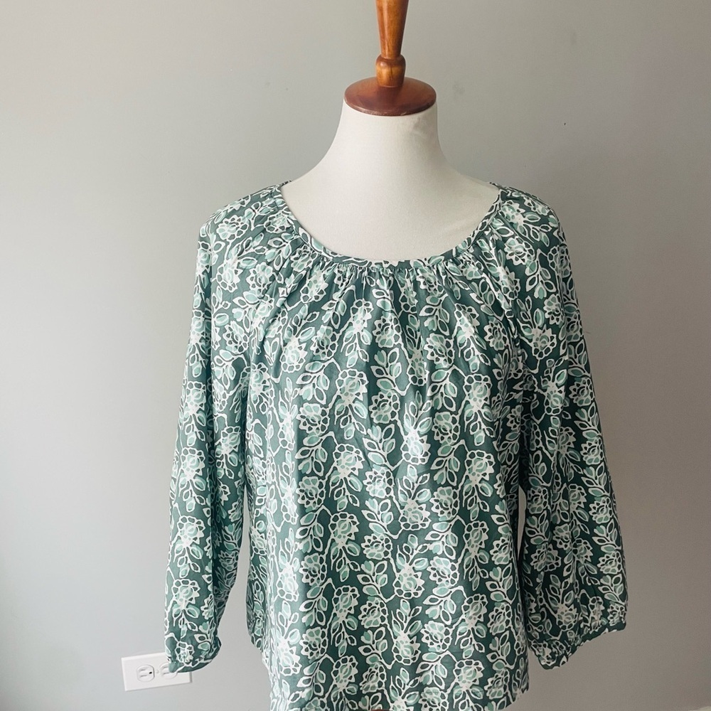 J. Crew Green and Ivory Scoop Neck Popover Top NWT